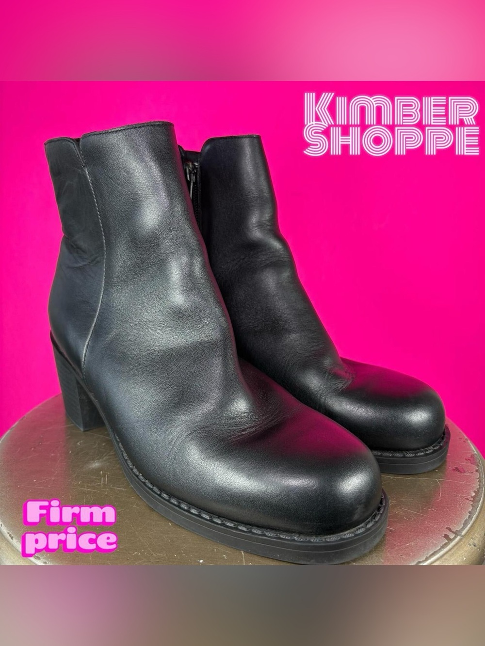 Arizona Jean Company Black Leather Round Toe Block Heel Ankle Boot US 7.5 UK 5